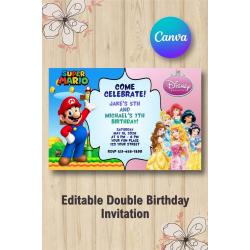 Twin Super Mario and  Disney Princess Invitation | Canva Template